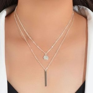 Geometric Rhinestone Charm Necklace Layered Silver Plated Chain